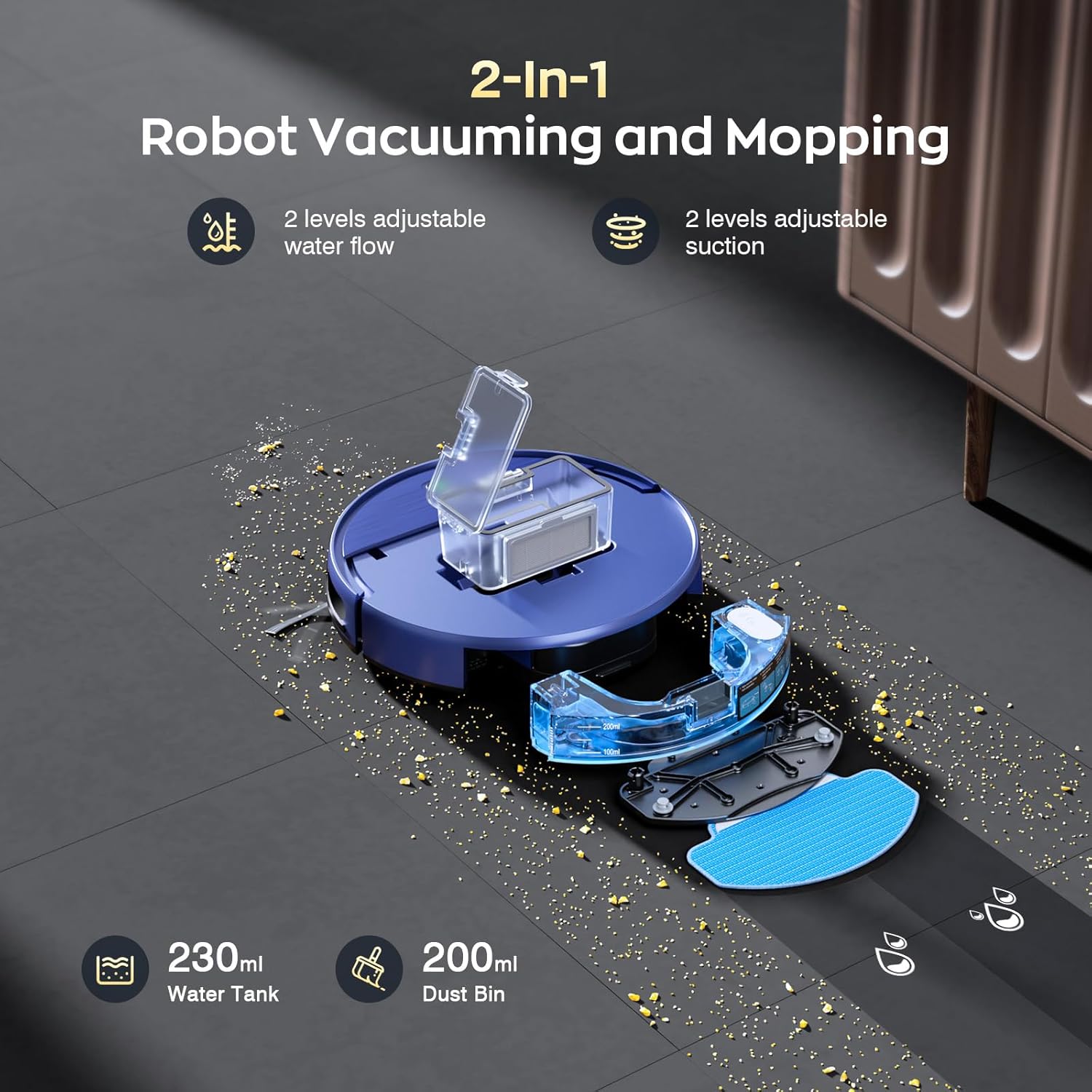 Color Blue Robot Vacuum and Mop Combo, 2 in 1 Robotic Vacuums Cleaner with WiFi/App, Robot Vacuum with Water Tank, Strong Suction, Schedule, Self-Charging, Quiet, for Hard Floor, Pet Hair, Low Pile Carpet